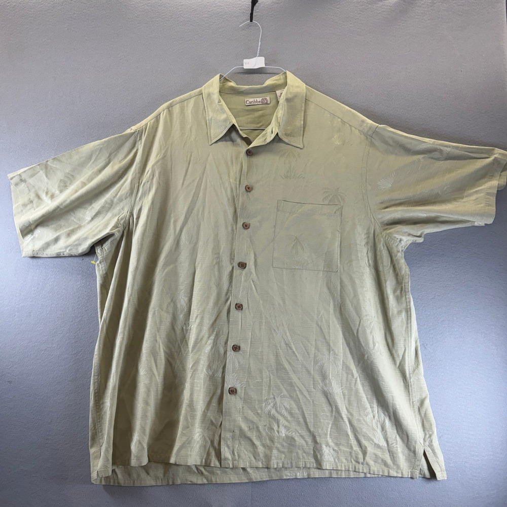 Caribbean Mens 3XLT Silk Cotton Palm Tree Jacquard Camp Shirt Sage Green Tall